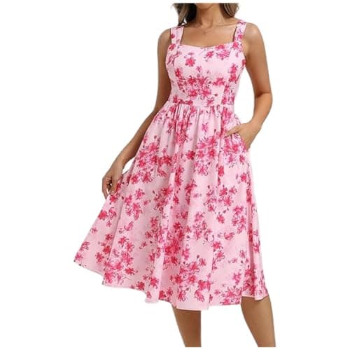 Image of Belle Poque Women Floral Print Midi Dress Square Neck Sleeveless A Line Casual Summer Sundress with Pockets Pink Red Floral S