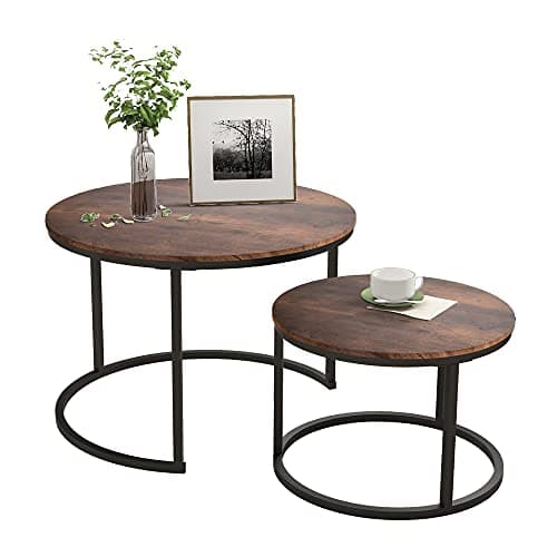 Image of HOJINLINERO Black Round Coffee Table Set of 2 Side Table for Living Room,Industrial Stacking End Tables,Wood Look Accent Furniture with Metal Frame for Bedroom Decorations