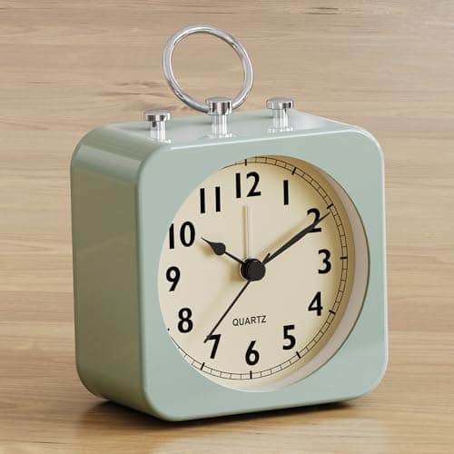 Image of AYRELY® Battery Operated Analogue Alarm Clock, Small Square Retro Metal Table Clock with Light, Silent Non-Ticking Desk Clock for Bedroom, Bedside or Shelf (Round Green)