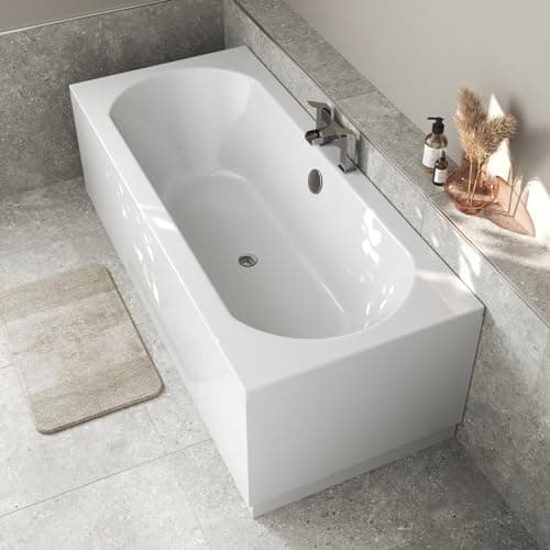 Image of Baystone 1800 x 800mm Double Ended Straight Bath White Gloss Soaking Bathttub, Acrylic Baths for Bathrooms, Straight Curved, Adjustable Feet, No Panel