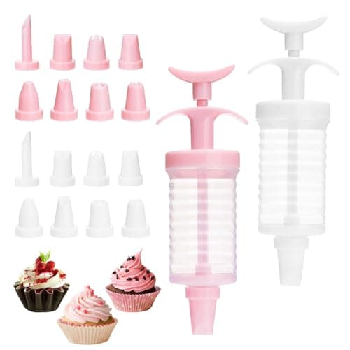 Image of Icing Syringe and Nozzles Set, 2 Set Icing Piping Kit, Icing Syringe Set with 16pcs Plastic Piping Nozzle, Cake Decorating Kit for Cookie Cupcake Baking Lover Gift(White+Pink)