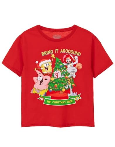 Image of SPONGEBOB SQUAREPANTS Kids Christmas T-Shirt | Boys & Girls Christmas Tree Short Sleeve Seasonal Graphic Tee | Patrick Squidward Sandy Gary Red Festive Top | Xmas Merchandise Gift