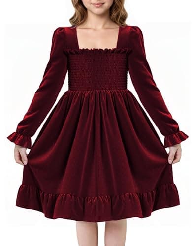 Image of JiAmy Girls Velvet Dress Long Sleeve Party Frock Elegant Square Neck Smocked Toddler Vintage Ruffle Princess Gown Dresses for Kids 5-6 Years, Burgundy