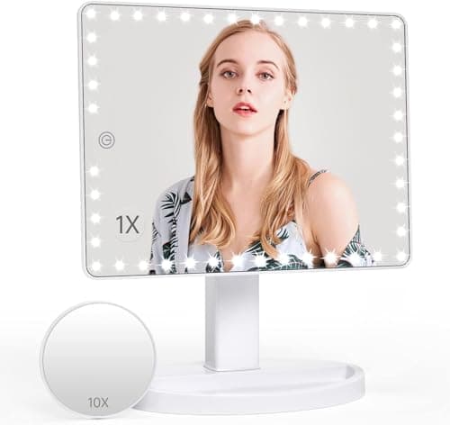 Image of FASCINATE Large Lighted Makeup Vanity Mirror with 45 LED Lights, Rechargeable Lithium Battery Light Up Mirror, Touch Screen, 360° Rotation Portable Tabletop Cosmetic illuminated Mirror