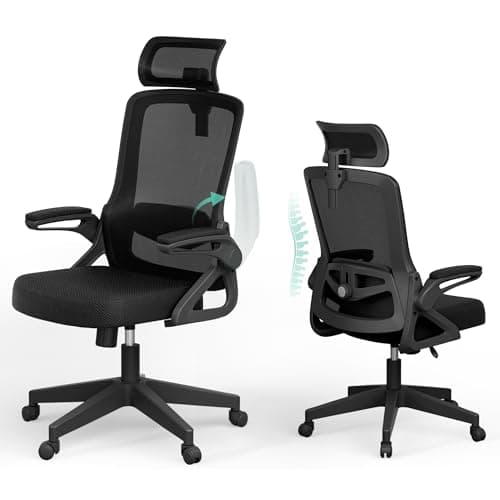 Image of Ergonomic Office Chair, S-Shaped Mesh Desk Chairs, Adjustable Headrest & Lumbar Support, 90°Flip-Up Armrest, Breathable High Back & Widened Cushion,Swivel Computer Chairs for Home/Study/Office