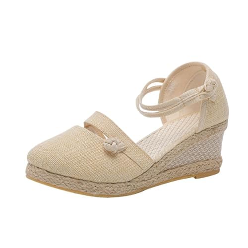 Image of RLEHJN Women's Espadrille Shoes, Closed Toe Wedge Sandals for Women Ankle Strap Hessian Wedges Summer Shoes Lightweight Platform Sandals Breathable Mid Heels Holiday Event Occasion Classic Shoes