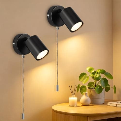 Image of Ketom 2 Pack Adjustable Wall Light with Pull Cord Switch, GU10 Modern Wall Sconce Lights Black, Wall Spotlight Fixtures, LED Wall Lights Indoor for Bedroom Bedside Hallway, Bulb Not Included