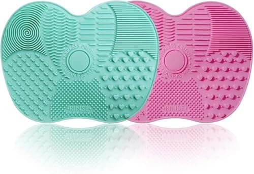 Image of 2 Packs Makeup Brush Cleaning Mat, Silicone Makeup Brush Cleaner, Makeup Brush Cleaning Pad and Scrubber with Suction Cup, Portable Washing Tool for Makeup Brushes (Pink & Green)…