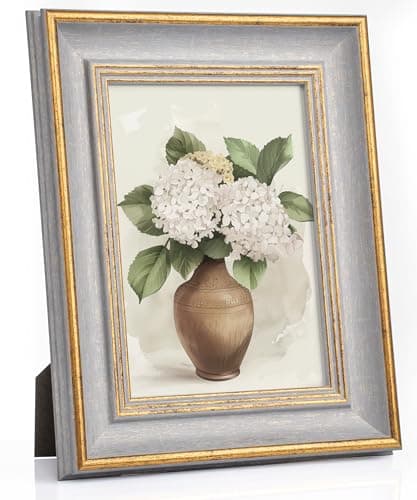 Image of Afuly Photo Frame 7x5 Vintage Picture Frame 5×7 inch Grey Gold Wedding Friends Birthday Family Christmas Women Family Gifts for Desk Tabletop Wall with Mounts Antique Retro Display Decoration