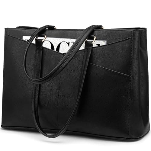 Image of LOVEVOOK Laptop Bags for Women Tote Bag 15.6 Inch, Ladies Handbags PU Leather Work Bag for Office Business Shopping, Large Womens Hand Bag with Laptop Compartments, Black