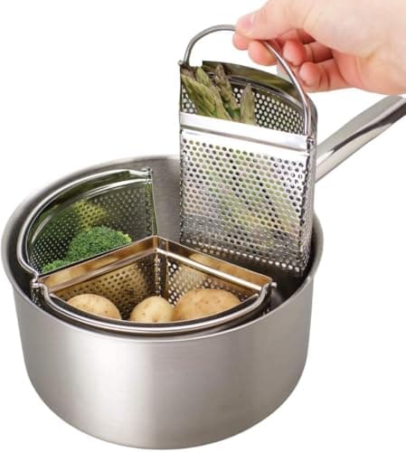 Image of MAXPERKX 18cm Family Triple Saucepan Pan Divider Separator Set Three Part Saves Cooking Space & Energy Stainless Steel Strainer for Small Kitchens Camping Caravans Vegetables Potatoes Boiled Eggs