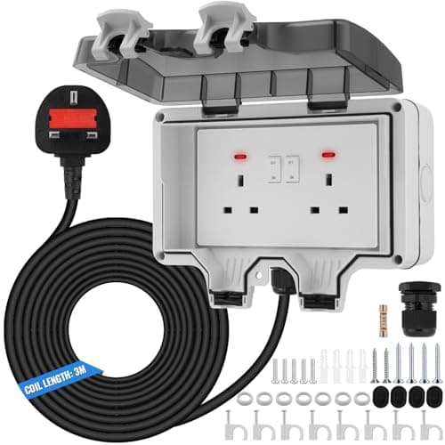 Image of Outdoor Double Socket with 3m Extension Lead – 13A IP66 Waterproof 2-Gang Plug Socket with Switch & LED Indicator for Garden,Shed,Garage & Outdoor Use