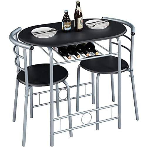 Image of Yaheetech 3 Piece Dining Room Set, Modern Round Dining Table & Chairs Set for 2, Compact Breakfast Bar Table Set with Metal Legs and Shelf, Built-in Wine Rack for Dining Room, Living Room, Black