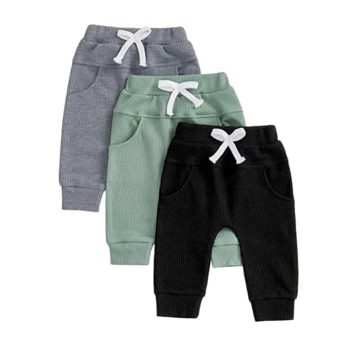 Image of XIXIMAON Toddler Baby Boy Joggers Trousers Pack of 3 Solid Color Elastic Waist Tracksuit Bottoms Newborn Soft Cotton Waffle Pants Spring Autumn Clothes (Grey Green Black, 12-18 Months)