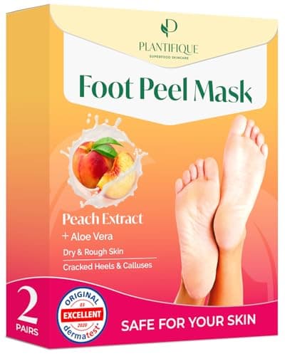 Image of Plantifique Foot Peel Mask – 2 Pairs Exfoliating & Dermatologically Tested Foot Treatment, Removes Dead Skin & Repairs Heels for Soft Feet – Peach Scent, Gift for Women & Men