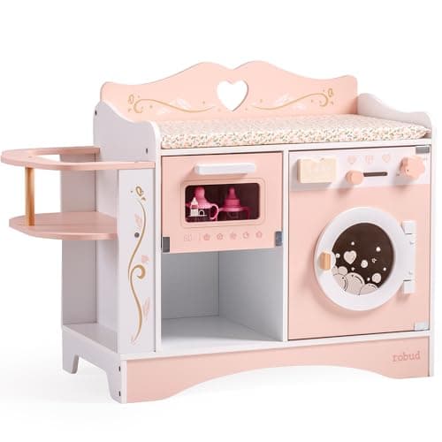 Image of ROBUD Wooden Doll Changing Station, 4-in-1 Toddler Dolls Pretend Changing Table with Washing Machine & Bottler Sterilizer, Storage & Doll Seat, Accessories for dolls under 20”, Gift for Kids Pink