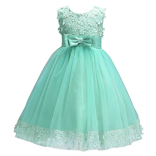 Image of Discoball Girls Princess Dress,Tulle Bow Lace Embroidery Flower Girl Dress,Birthday Party Wedding Bridesmaid First Communion Girls' Dresses for 1-10 Years Green