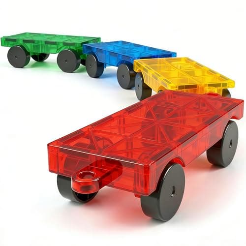 Image of Magnetic Tiles Cars Building Blocks Set for Kids Toys: 4pcs Magnet Tiles Cars Construction Set Magnet Blocks Truck Kit Toy for Toddler Ages 3-5 4-8 5-7, Toys Gifts for 3+ Year Old Boys & Girls