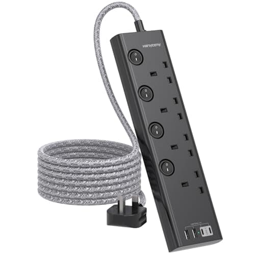 Image of Black Extension Lead with 4 USB Slots(2 USB C), 4 Way Plug Extension Socket with Individual Switches, 1.8M Extension Cable, Desk Power Strip for Bedroom Office Accessories