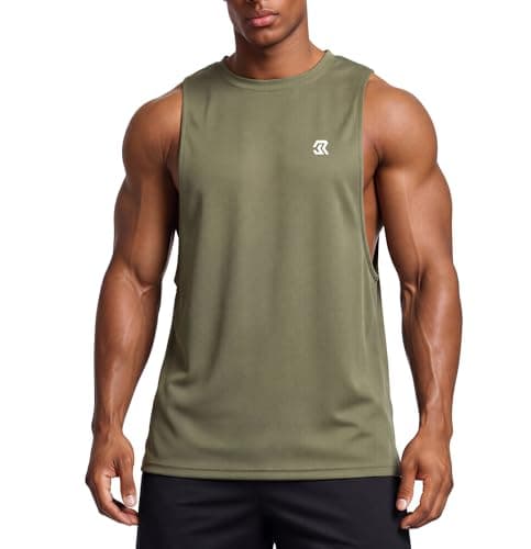 Image of Men Mesh Sport Tank Top Deep Armhole Split Hem Sleeveless Training Vest Loose Fit Breathable Workout Shirt for Gym Running Fitness Summer Wear Deep Army M