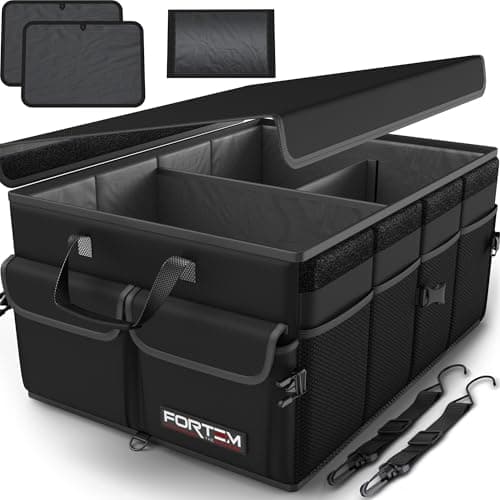 Image of FORTEM Car Boot Organiser, Collapsible Multi Compartment SUV Organizer, Foldable Storage for Car Accessories for Women Men, 600D Oxford, Non Slip Bottom, Securing Straps, Soft Cover (50L)