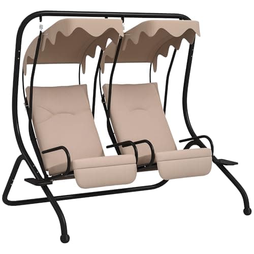 Image of Outsunny Canopy Swing Chair Modern Garden Swing Seat Outdoor Relax Chairs w/ 2 Separate Chairs, Cushions and Removable Shade Canopy, Beige