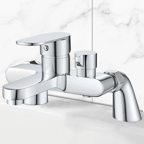 Image of Bath Shower Mixer Tap Modern Bath Taps Single Lever Monobloc Shower Mixer Deck Mounted Bathtub Faucet Tub Filler Chrome, Solid Brass, 1/2'' Outlet, 180mm Centres, with Tub Filler Spout