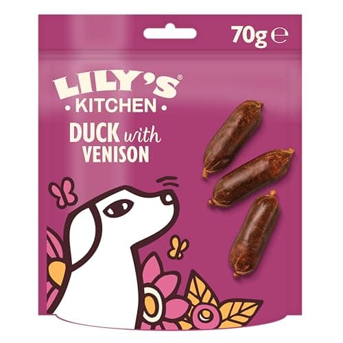 Image of Lily’s Kitchen Made with Natural Ingredients Adult Dog Treats Packet Scrumptious Duck with Venison Sausages Grain-Free Recipes 8 x 70g