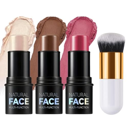 Image of 3 in 1 Contour Highlighter Blush Sticks Makeup Set with Brush,Cream Bronzer & Blush Stick Kit for Cheeks, Eyes, Lips, Waterproof & Oil-Control, Makeup Gift Sets for Women,Contour Highlighter Stick