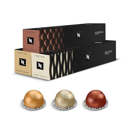 Image of Nespresso Vertuo Coffee Pods Flavoured Variety Pack - 30 Capsules (3 sleeves) Includes 10 Caramel, 10 Vanilla, 10 Hazlenut Pods