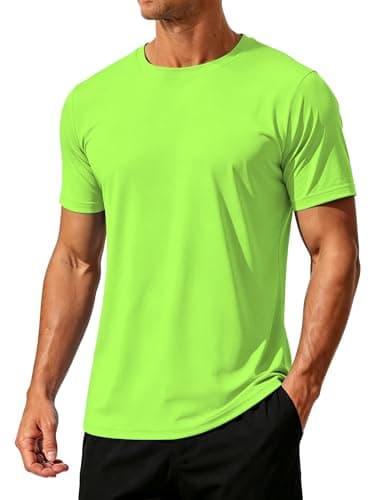 Image of SMENG Gym T Shirts for Men Moisture Wicking Athletic Running Tops Quick Dry Short Sleeve Fishing T-Shirt Fluorescent Green L