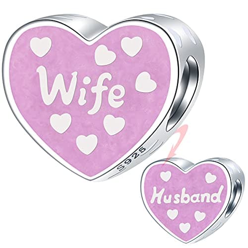 Image of Pink Enamel Wife and Husband Heart Charms, fits Pandora Valentines Anniversary Bracelet, 925 Sterling Silver Wedding Beads, Gift for Couple/Bride/Girlfriend/Wifey
