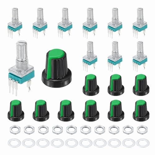 Image of sourcing map 10pcs RK097N B10K Potentiometer, 3Pin Single Linear Rotary Seal Amplifier Logarithmic Potentiometers 15mm Knurled Shaft with Green AG2 Plastic Knob Vertical for Audio Amplifier