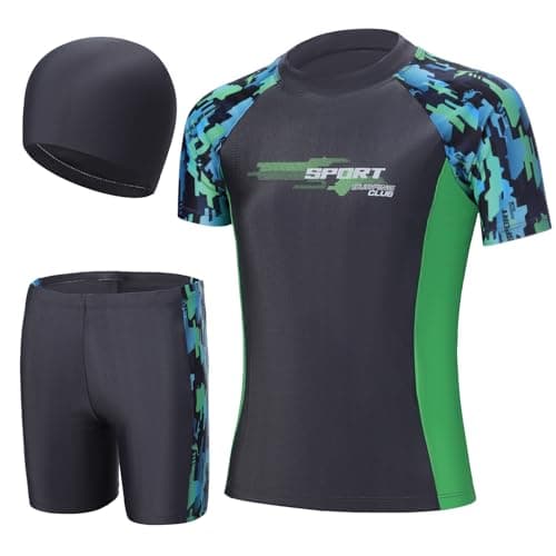 Image of InfiniZer 3 Pcs Boys Swimming Costume, UPF 50+ Kids Swim Trunks & Short Sleeve Rash Guard Shirt Set, Summer Bathing Suit Swimwear for 2-12 (UK, Age, 9 Years, 10 Years, Regular, Black)