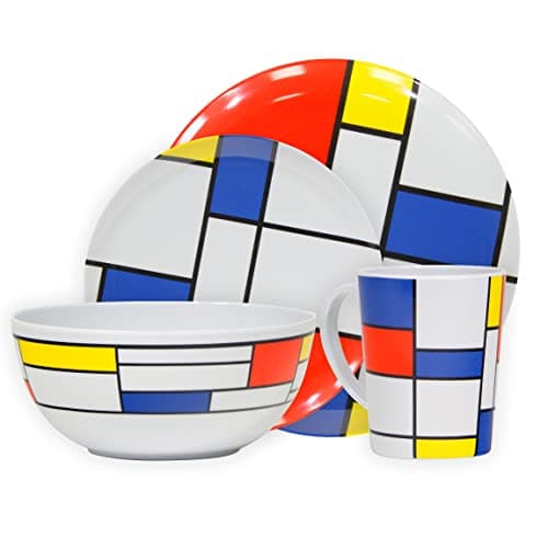 Image of Leisurewize LWACC379 Melamine 16 Pcs Dinner Set - Plates, Bowls, Mugs, Side Plates - De Stijl, Artist Design, Heat Resistant, Dishwasher Safe