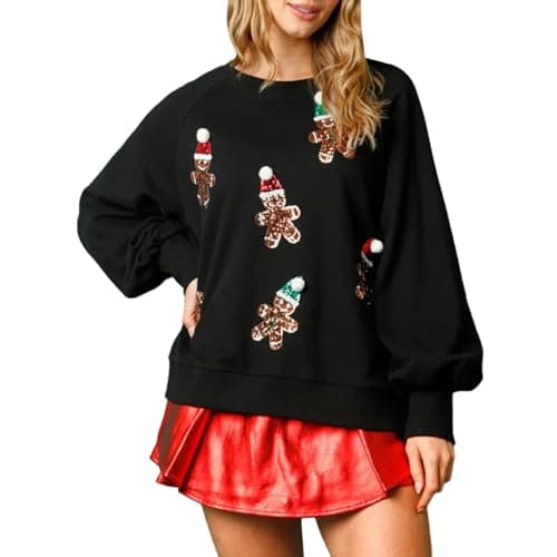 Image of HodJIU Women's Christmas Jumper Reindeer Print Xmas Sweatshirt Casual Long Sleeve CrewNeck Pullovers Tops Novelty Funny Christmas Tee Shirts (Navy Blue Gingerbread, L)