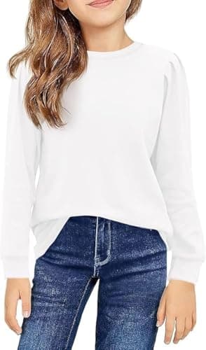Image of Haloumoning Girls' Long-Sleeved T-Shirt Cotton Crew Neck Top Lightweight Sports Long Sleeve Basic Casual Sweatshirt, White, 150