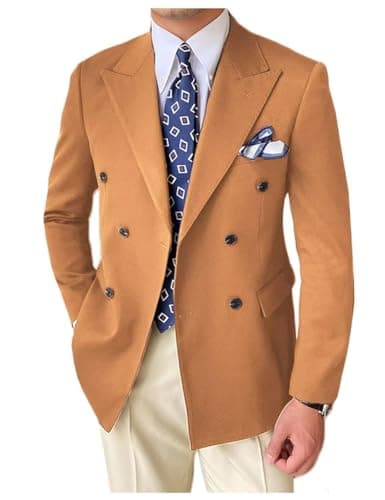 Image of Men's Double-Breasted Suit Blazer Slim Fit Solid Peak Lapel Sport Coat Jacket for Business Casual Caramel Size S