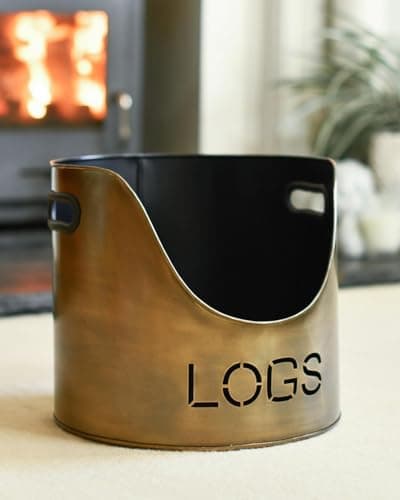 Image of Set of Two 'LOGS' and 'KINDLING' Buckets - Antique Brushed Gold Fireside Log Holder Firewood Store Rack Stylish and Durable Heavy Duty Metal Fireplace Accessory Home Wood Storage