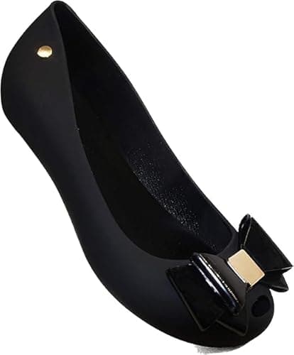 Image of Womens Black Jelly Flat Shoes with Bow – Comfy Slip-On Casual Ballet Pumps UK 3-8 (Black, UK Footwear Size System, Adult, Women, Numeric, Medium, 5)