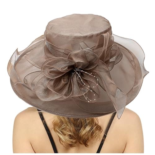 Image of Womens Sun Hat Organza Wide Brim Wedding Hats Ladies Bridal Summer Gauze Cap for Church Floral Bride Party Elegant Large Ladies Fedoras Khaki One Size