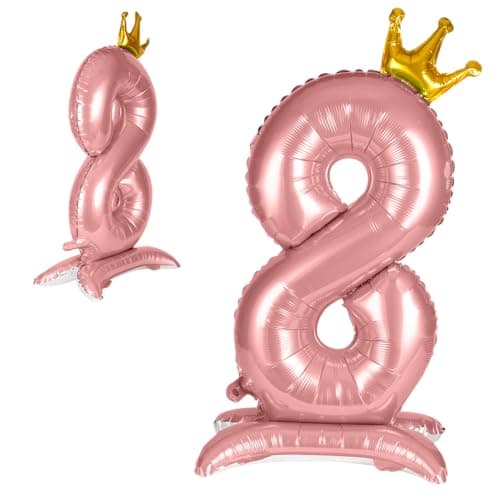 Image of APXEL Pink Standing Crown Number 8 Balloons, 42 Inch Large Foil Number 8 Balloons, Self Inflating 8th Birthday Balloon for 8 Year Anniversary Birthday Party Christmas Decorations