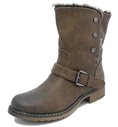 Image of Cats Eyes Womens Fold Down Leather Look Fur Lined Biker Ankle Boots Brown Size 4