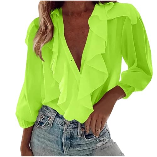 Image of Long Sleeve Chiffon Blouses for Women UK Ruffle V Neck Button Down Shirts Elegant Party Dressy Tops Solid Casual Office Tunic Shirts Puff Sleeve Holiday Vacation01 Yellow XL