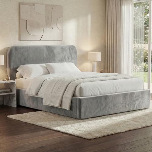 Image of Blisswood King Size Ottoman Bed Frame, Upholstered Gas Lift-Up Storage Bed with Headboard, 5ft Kingsize, Wooden Slats Base Bedframe for Bedroom or Guest Room (5ft Light Grey, No Mattress)