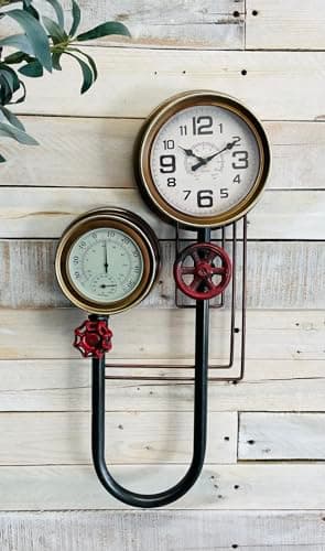 Image of My Square Mile Industrial Steampunk Pipe Metal Gear Wall Clock with Faux Temperature Display (U Bend Pipe Clock)