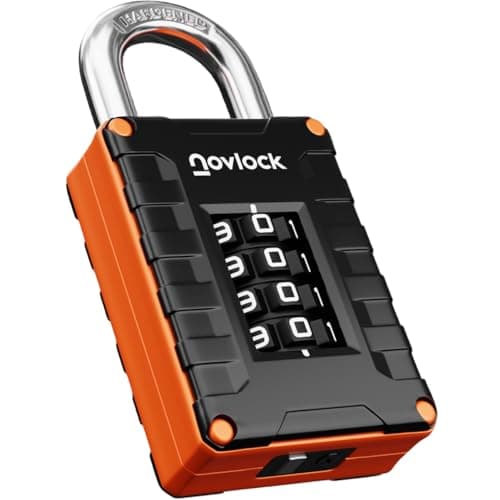 Image of NOVLOCK Locker Padlock with 4-Digit Code for Gym, School, Home, Work – Sturdy Combination Lock with Hardened Steel Shackle – 1-Pack, Black/Orange