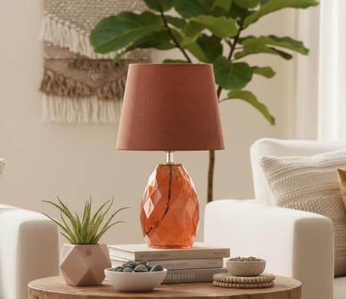 Image of New Adorable Decorative Table Lamp with Burnt Orange Glass Base and Linen Shade – Contemporary Accent Lamp for Bedroom, Living Room & Lounge Home Office Decor -N28