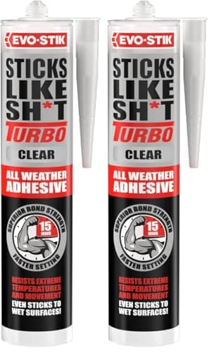 Image of EVO-STIK Sticks Like Sh*t Turbo CLEAR Adhesive - 290ml - All Weather - Fast Setting - Extreme Temperature & Movement Resistant (Pack of 2)