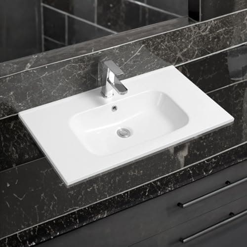 Image of Limoge 4010 Ceramic 81cm Thin-Edge Inset Bathroom Basin with Oval Bowl - Modern Drop-in Self-Rimming Top-Mount Rectangular Sink for Vanity or Countertop Installation